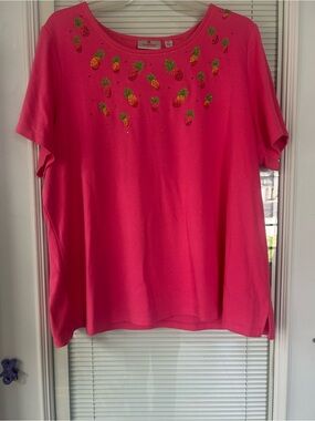 Quacker Factory Hot Pink Pineapple Embellished Short Sleeve Tee Set